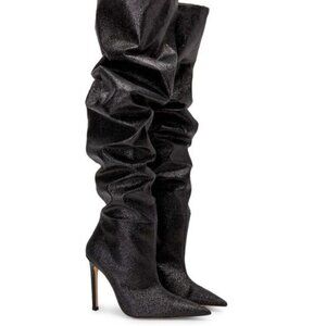 Good American Glitter Over the Knee Boots Pointed Toe Stiletto Slouchy Black 7
